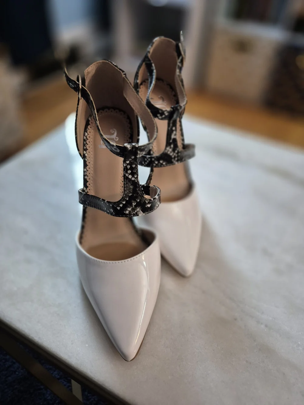 Pointed-Toe Patent Pumps with Snake-Print T-Strap in White